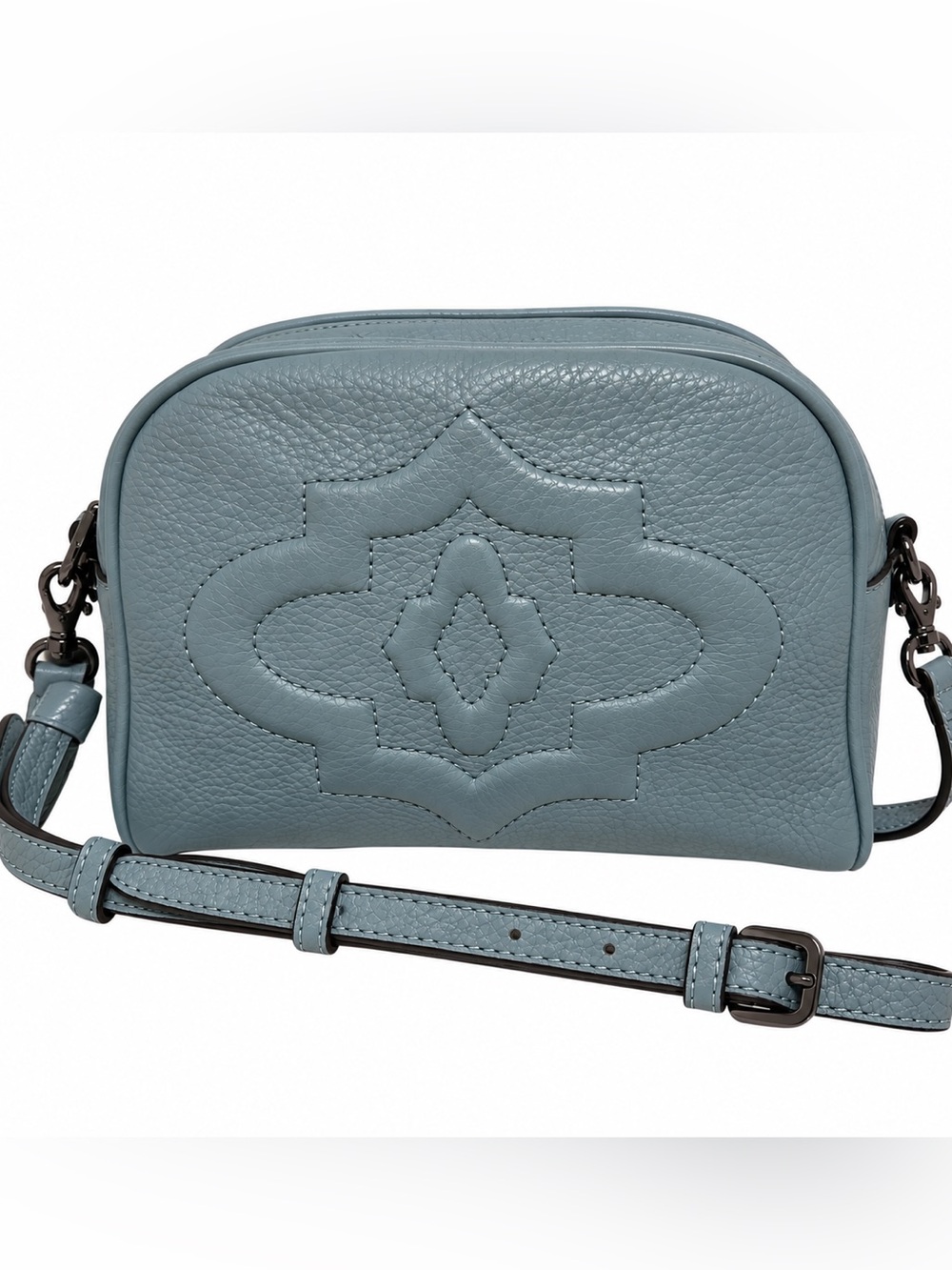 Oryany Blue Gray Leather Crossbody Bag Embossed Logo Tassel Camera Purse